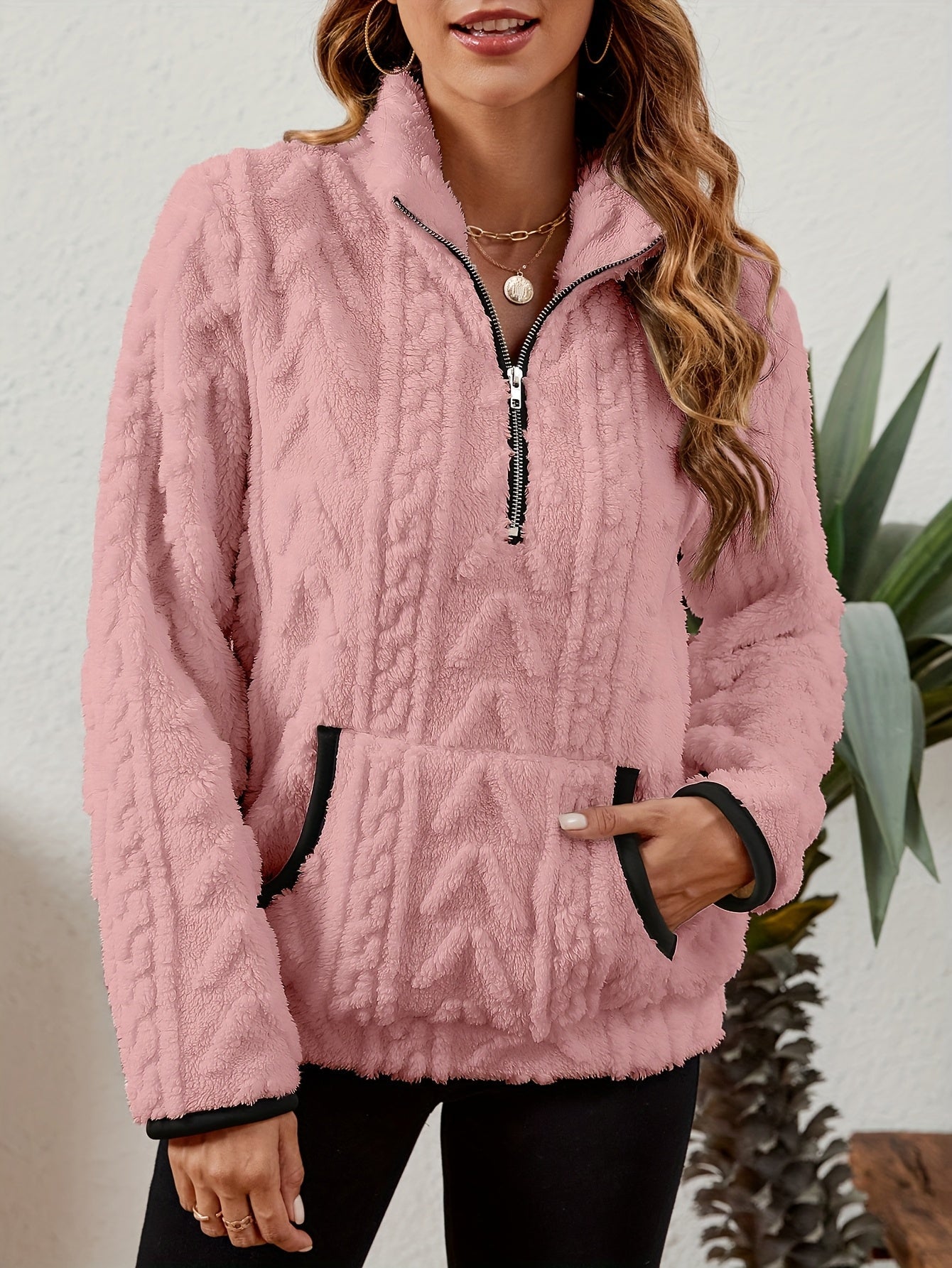Sherpa Fleece Half-Zip Pullover – Textured Long Sleeve with Kangaroo Pocket