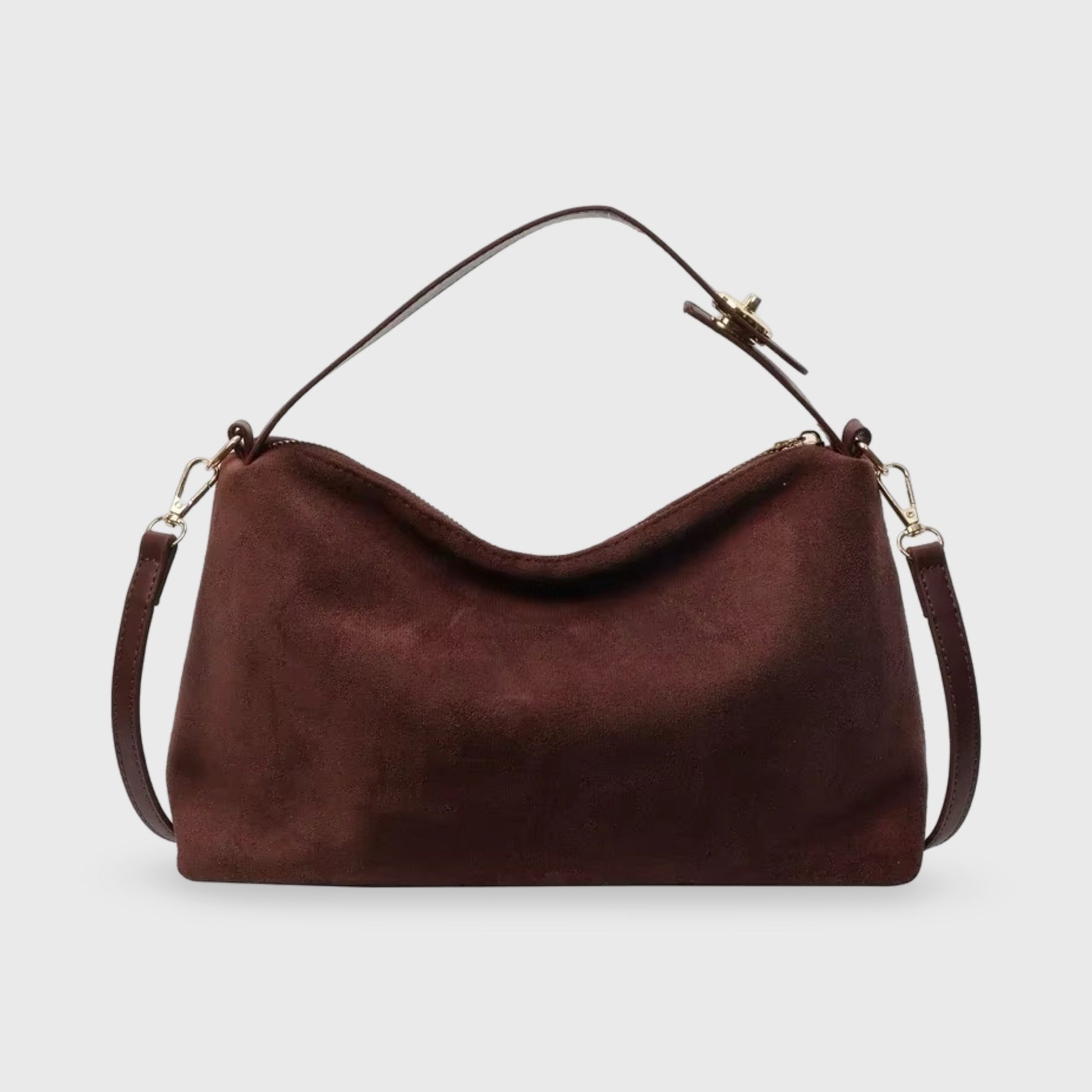Suede Shoulder Bag with Top Handle – Zip Crossbody Gold Hardware