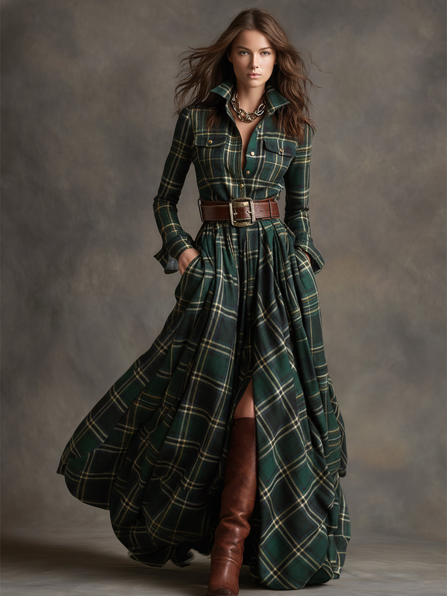 Plaid Maxi Shirt Dress – Long Sleeve Belted Tartan Dress