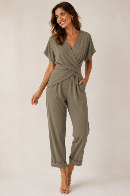 Wrap V-Neck Wide Leg Jumpsuit – Short Sleeve Summer Jumpsuit