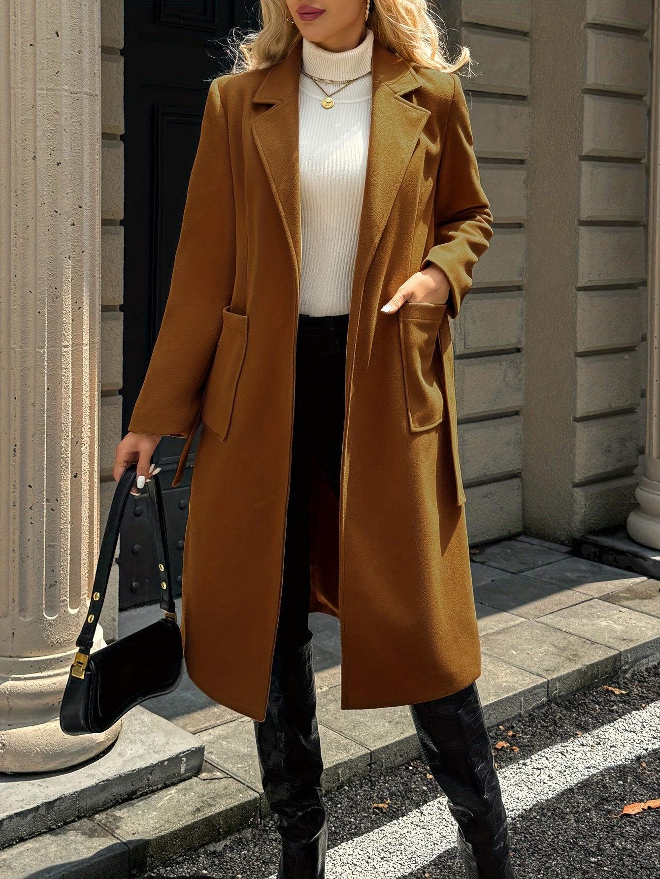 Belted Wool-Blend Long Coat – Lapel Wrap Camel Overcoat