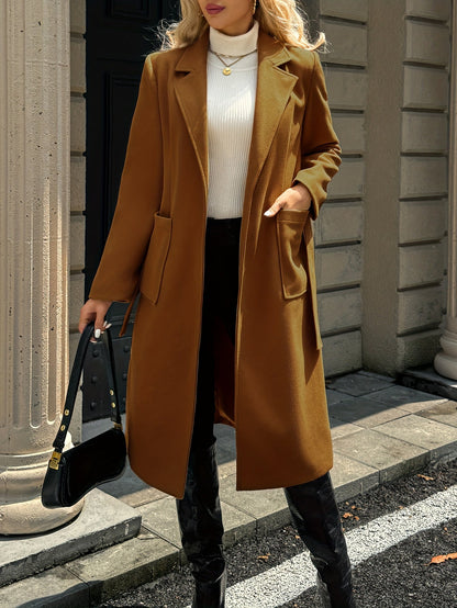 Belted Wool-Blend Long Coat – Lapel Wrap Camel Overcoat