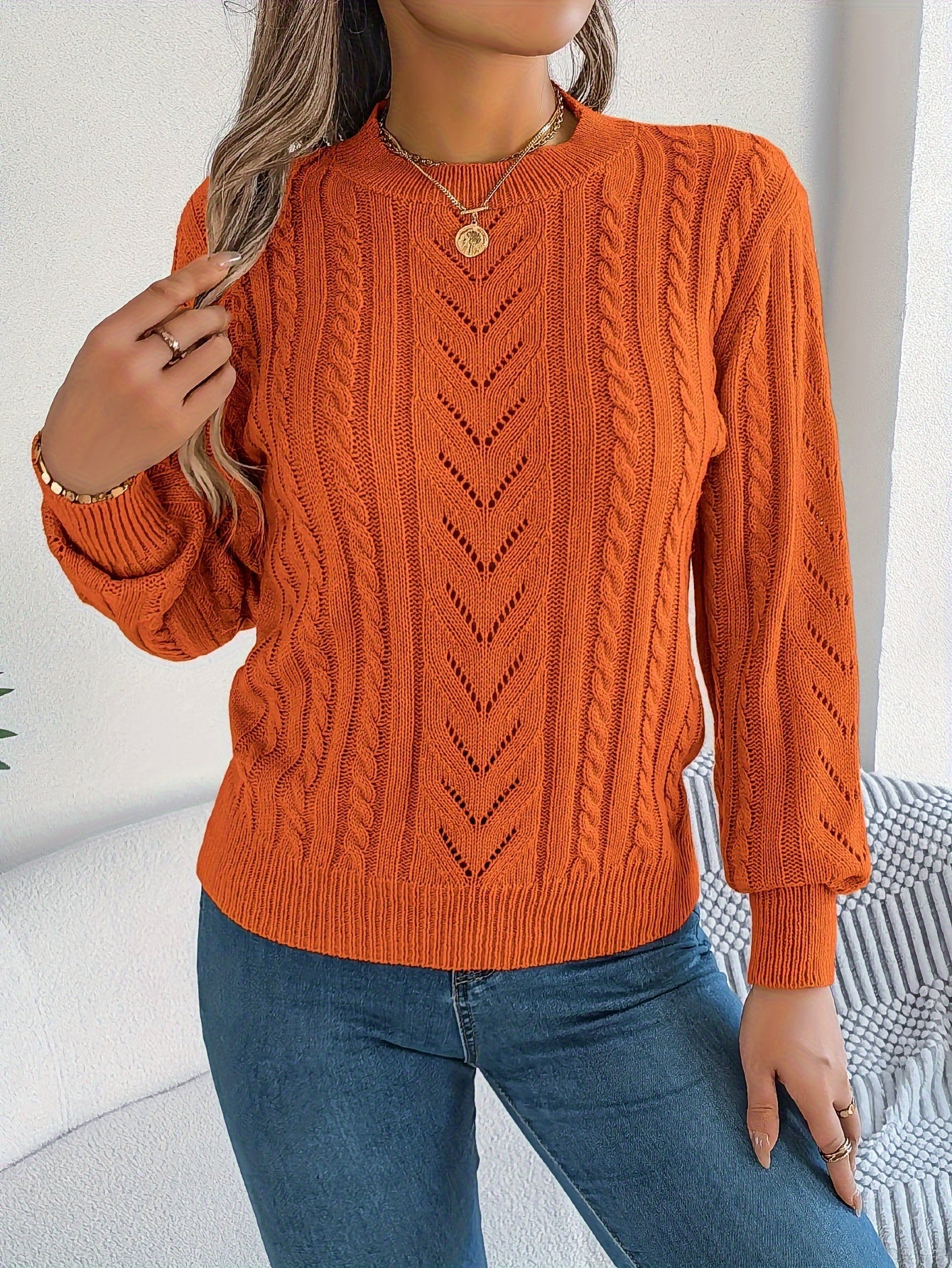 Cable Knit Openwork Pullover Sweater – Crewneck Long Sleeve Relaxed Fit