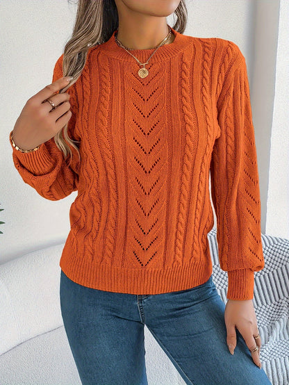 Cable Knit Openwork Pullover Sweater – Crewneck Long Sleeve Relaxed Fit
