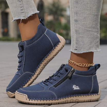 Flat Lace-Up Ankle Boots – Women's Side Zip Wide Toe Booties