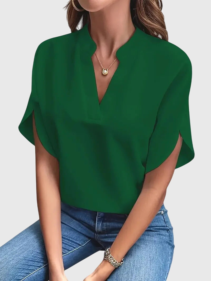 Split Sleeve V-Neck Blouse – Relaxed Fit Work Top