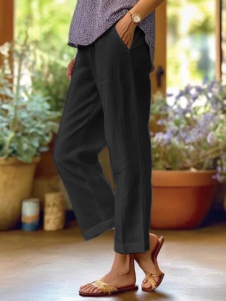 Linen Cropped Trousers – Straight Leg Elastic Waist Cuffed Pants