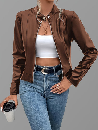 Faux Leather Cropped Moto Jacket – Stand Collar Zip-Up