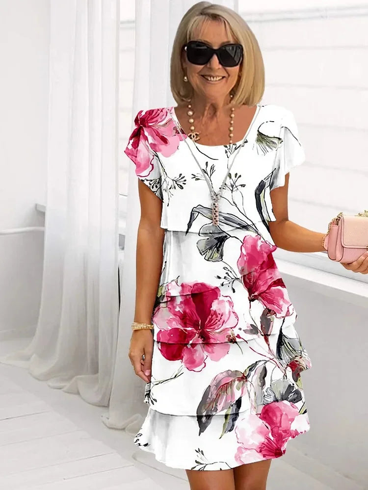 Tiered Ruffle Floral Dress – Flutter Sleeve Layered Midi