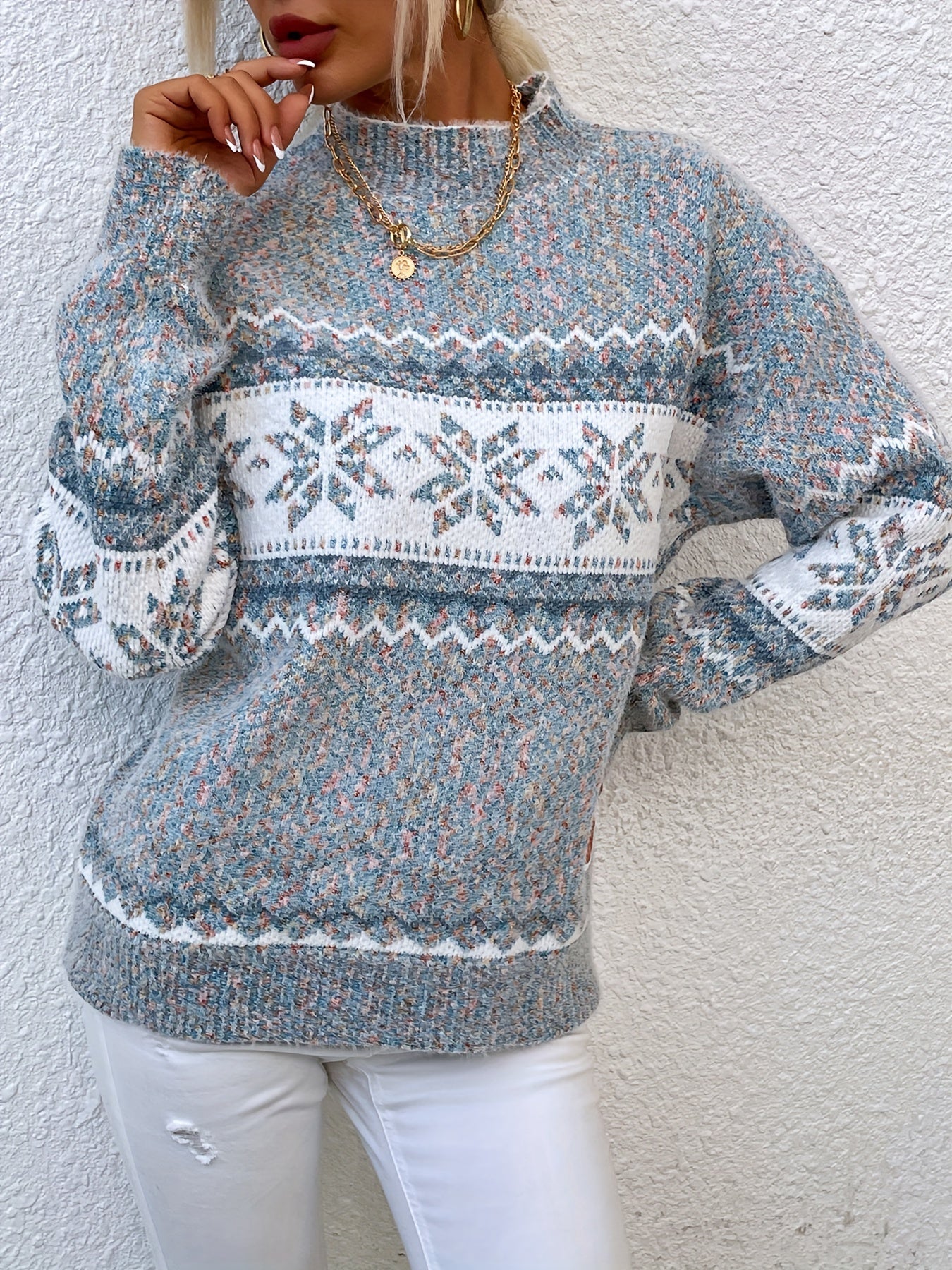 Fair Isle Snowflake Mock Neck Sweater – Relaxed Fit Winter Pullover
