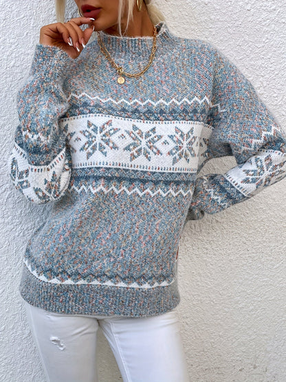 Fair Isle Snowflake Mock Neck Sweater – Relaxed Fit Winter Pullover