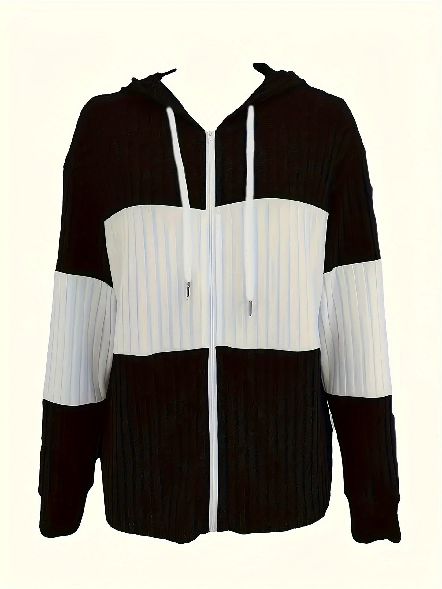Colour Block Zip-Up Hoodie Jacket – Ribbed Knit Long Sleeve