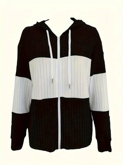 Colour Block Zip-Up Hoodie Jacket – Ribbed Knit Long Sleeve