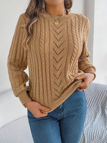 Cable Knit Openwork Pullover Sweater – Crewneck Long Sleeve Relaxed Fit