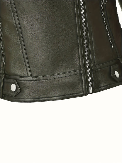 Faux Leather Moto Jacket – Asymmetric Zip Cropped Biker Jacket
