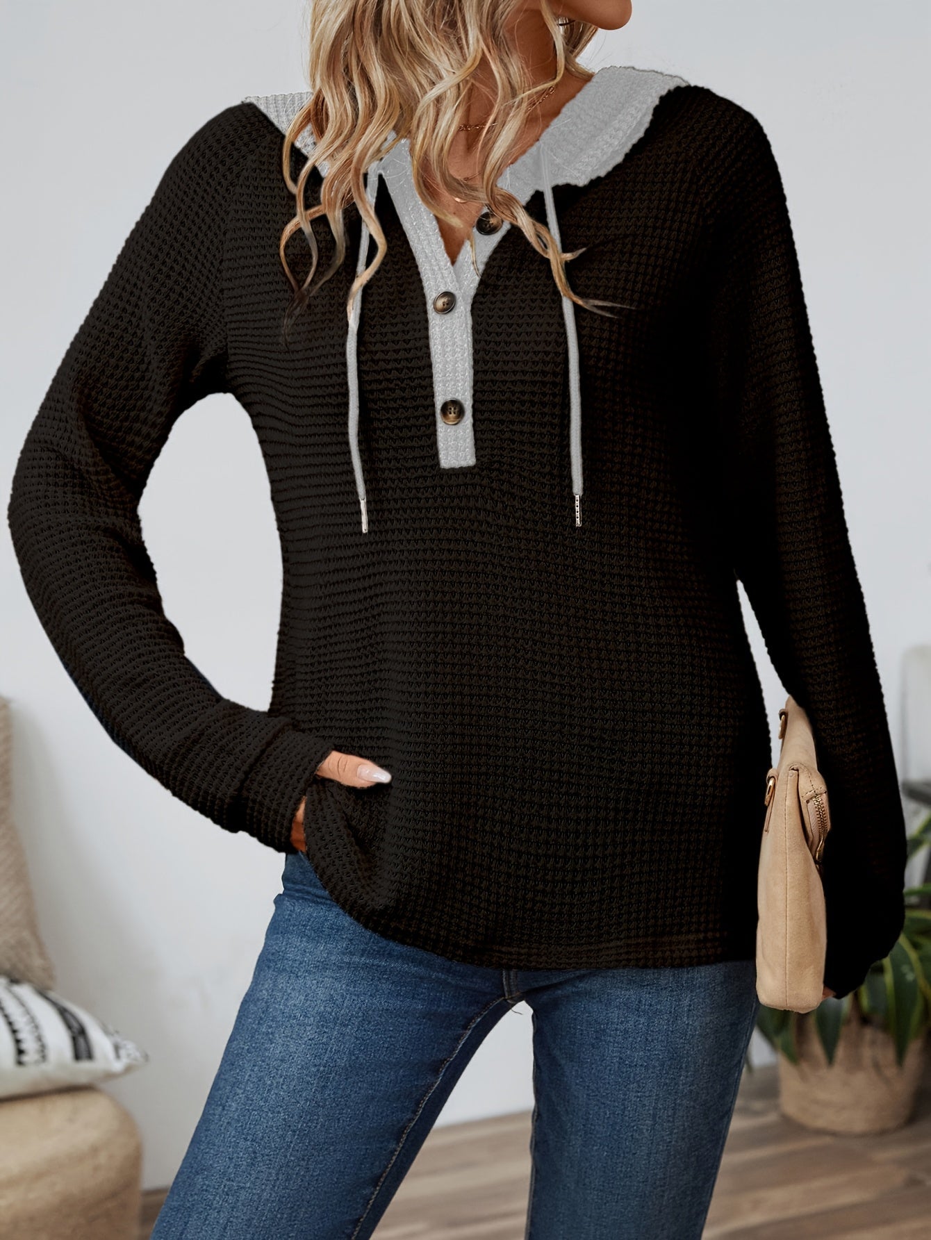 Waffle Knit Hoodie Top – Color Block Henley Long Sleeve