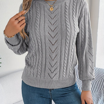 Cable Knit Openwork Pullover Sweater – Crewneck Long Sleeve Relaxed Fit