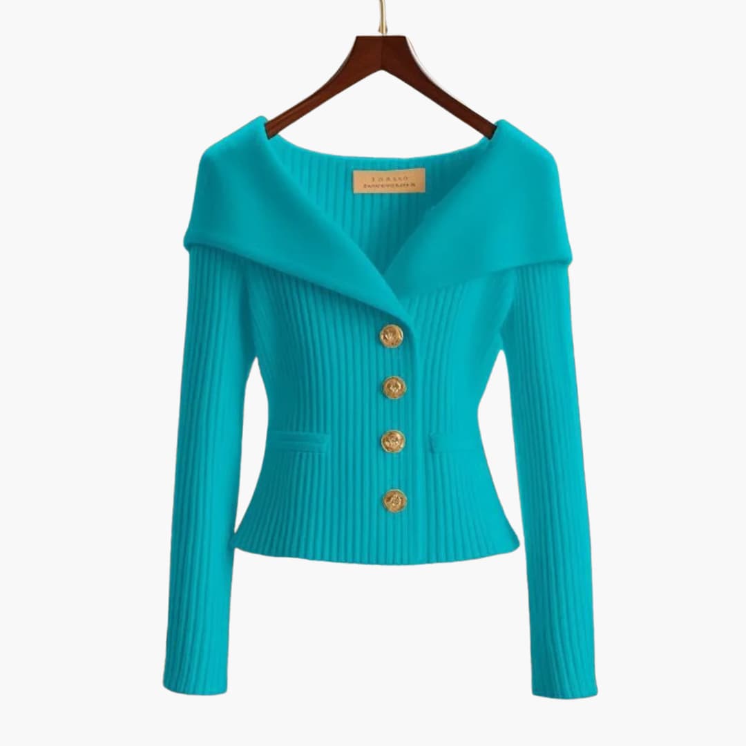 Off-Shoulder Ribbed Knit Cardigan – Button-Front Cropped Top