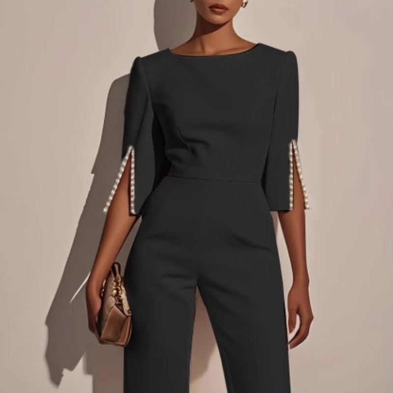 Wide-Leg Formal Jumpsuit – Boat Neck Split Sleeve Pearl Detail