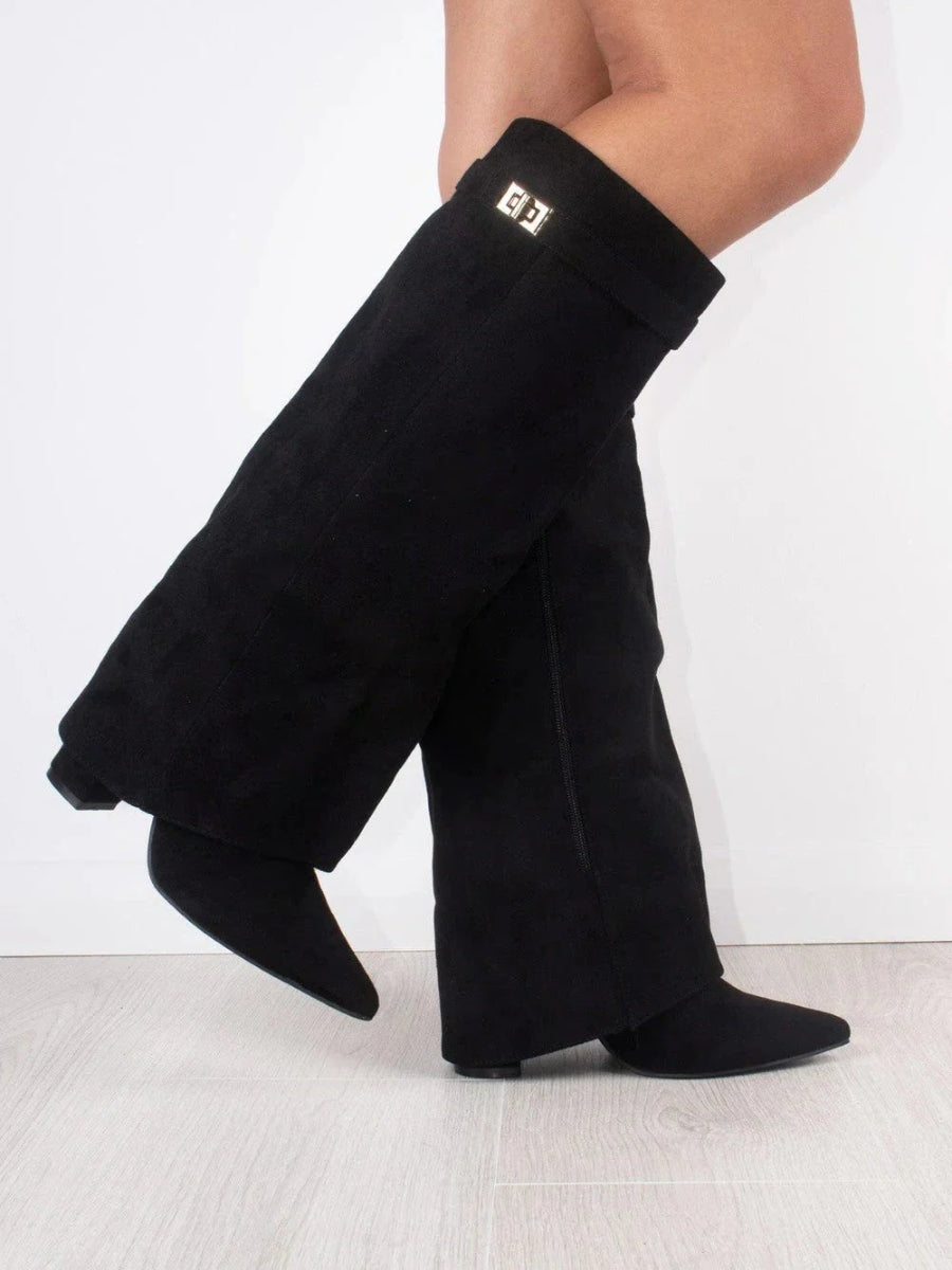 Suede Fold-Over Knee High Boots – Pointed Toe Gold Clasp