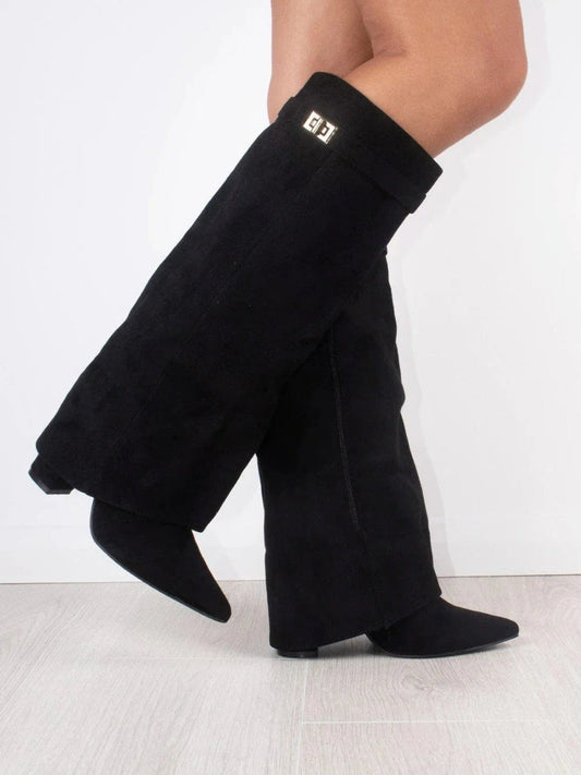 Suede Fold-Over Knee High Boots – Pointed Toe Gold Clasp