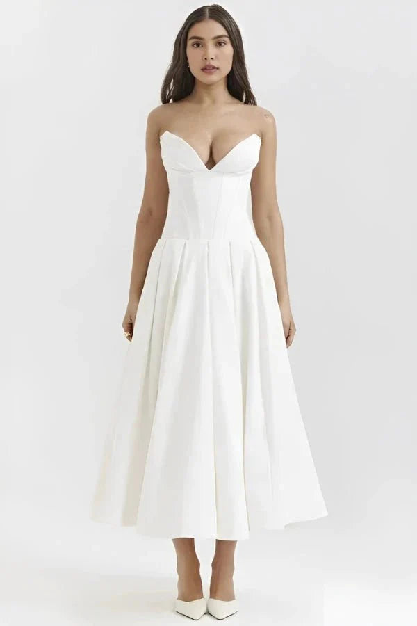 Women's Strapless Corset Midi Dress – Sweetheart Neckline A-Line Party Dress