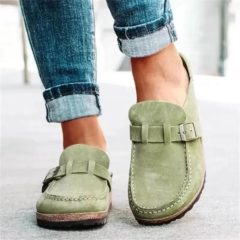 Women's Flat Buckle Mules – Faux Suede Slip-On Clogs with Cork Sole