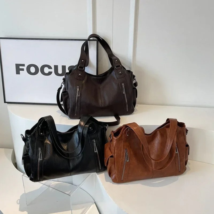 Vegan Leather Shoulder Bag – Large Multi-Pocket Crossbody Tote