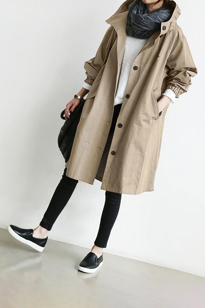 Button-Front Hooded Rain Coat – Knee-Length Loose Fit