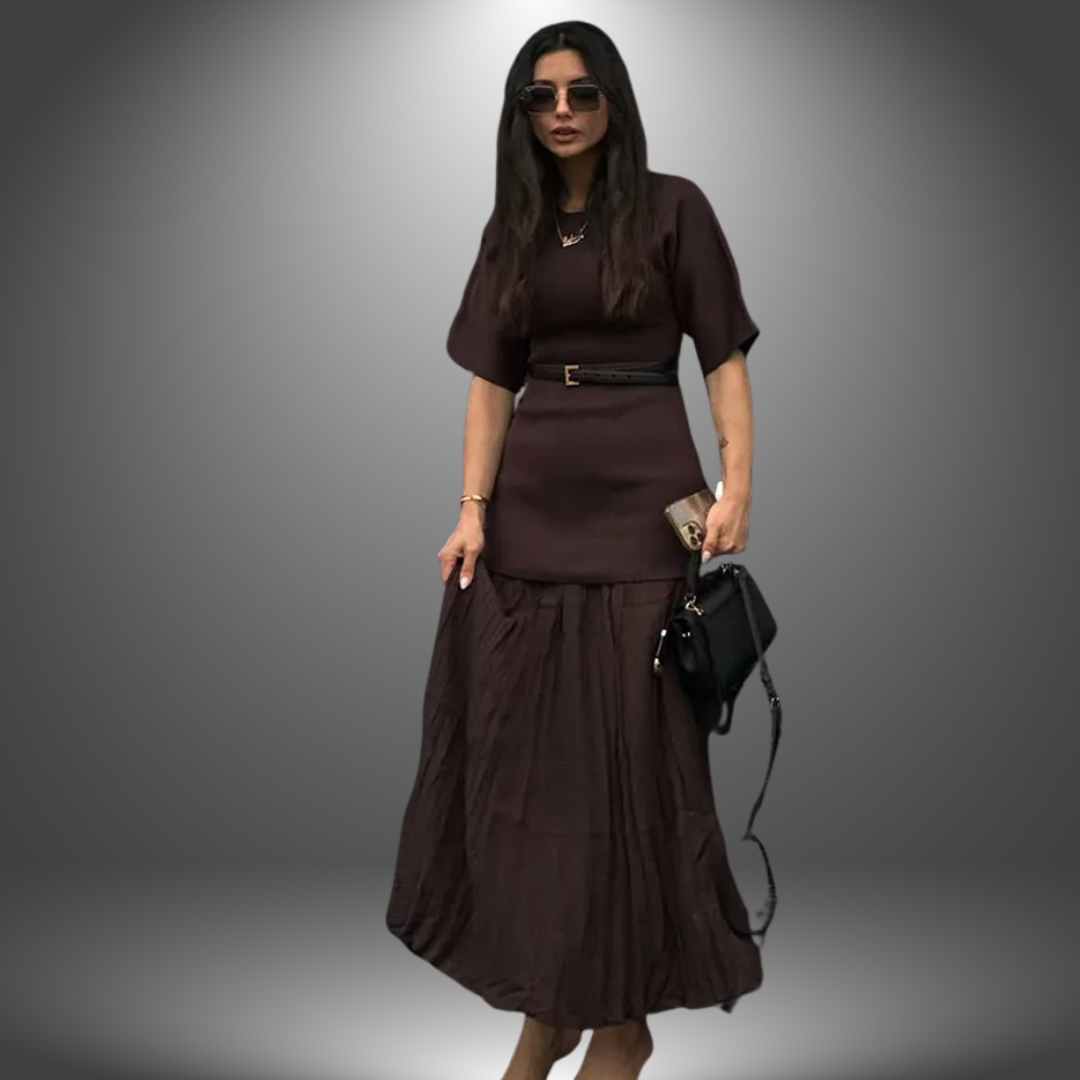 Pleated Maxi Dress – Short Sleeve Belted Mixed Texture