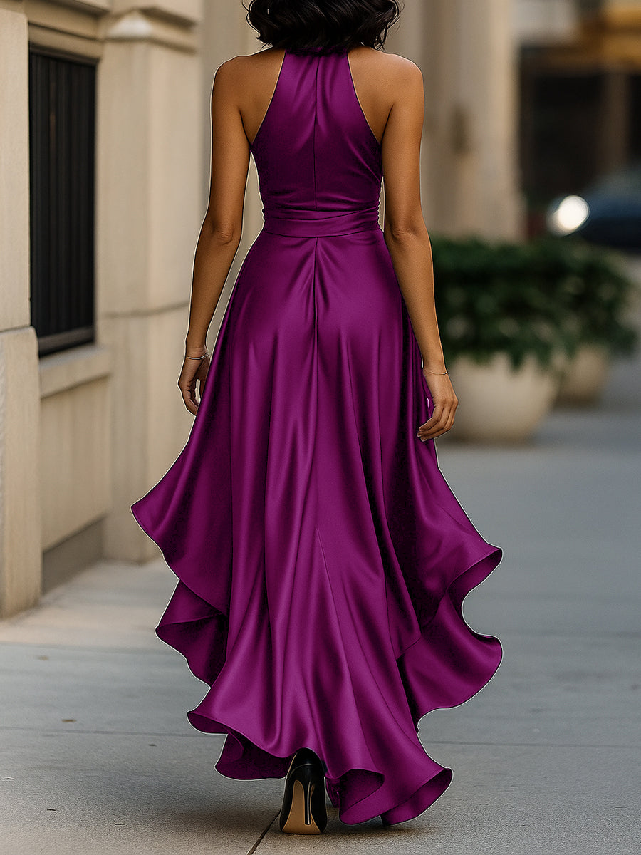 Women's Satin Halter Dress – High Low Ruffle Skirt Formal Evening Dress