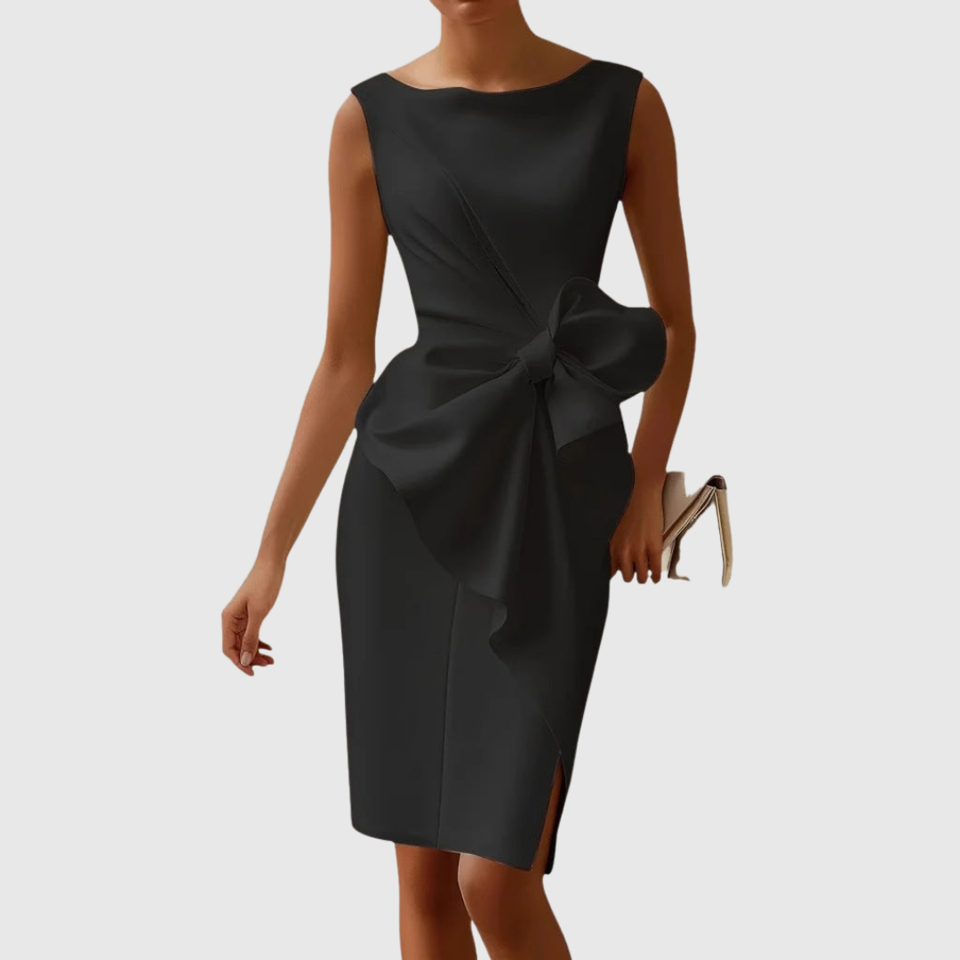 Sleeveless Bow Midi Dress – Bodycon Pencil Party Dress with Side Slit