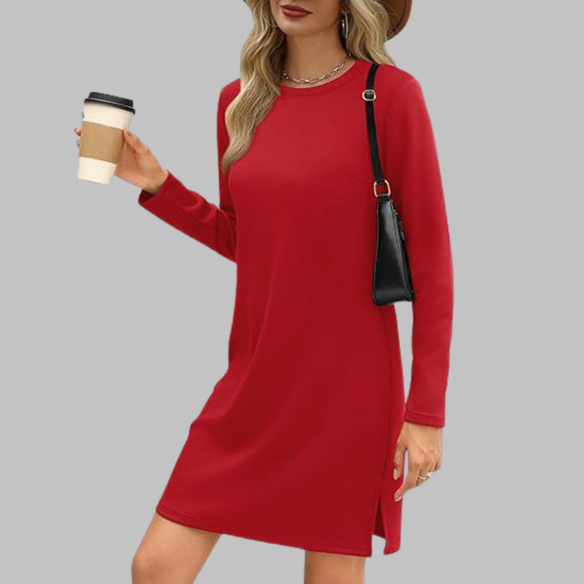 Long Sleeve Crewneck T-Shirt Dress – Slim Fit Casual Mini Dress