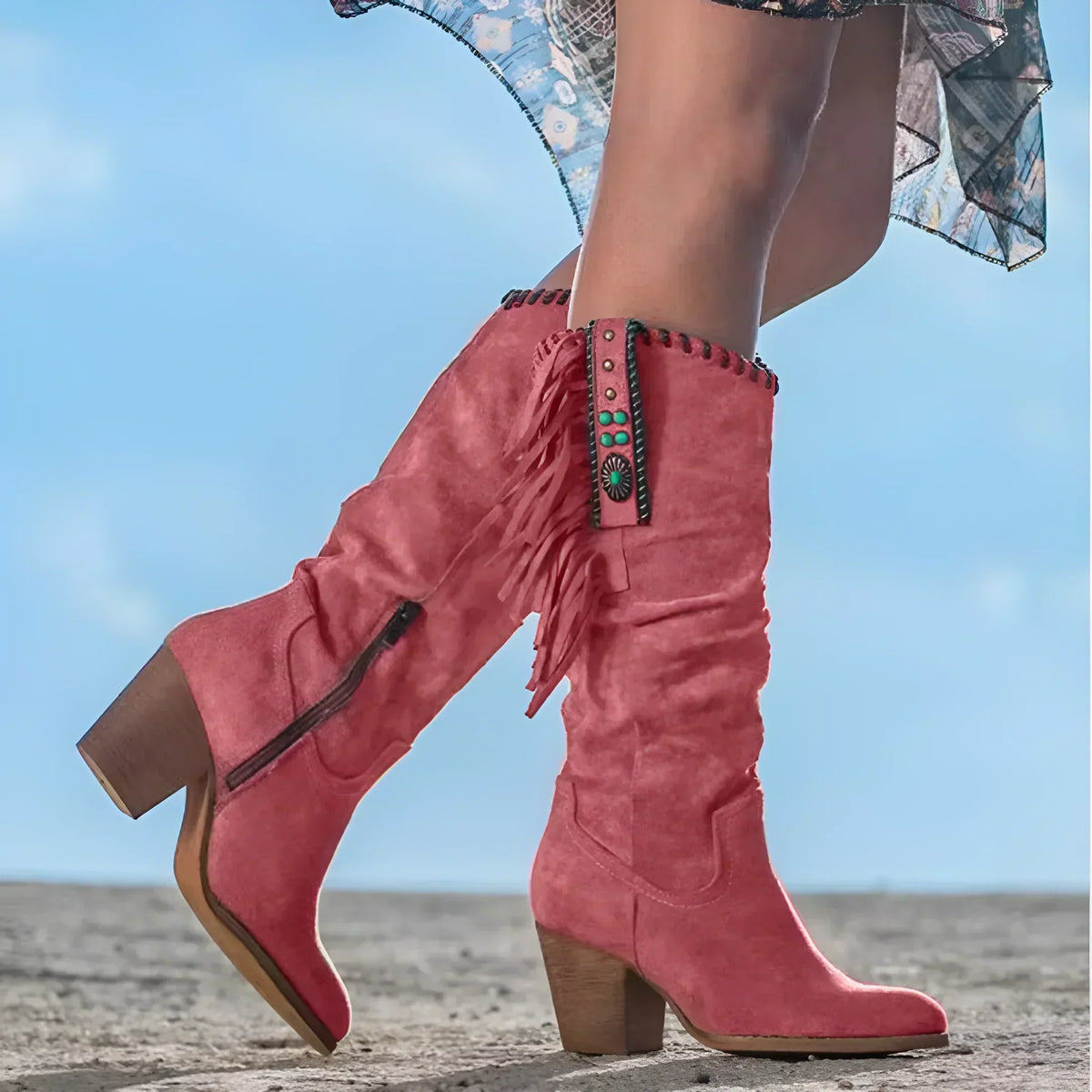 Fringe Knee-High Cowboy Boots – Slouch Block Heel Western Boots