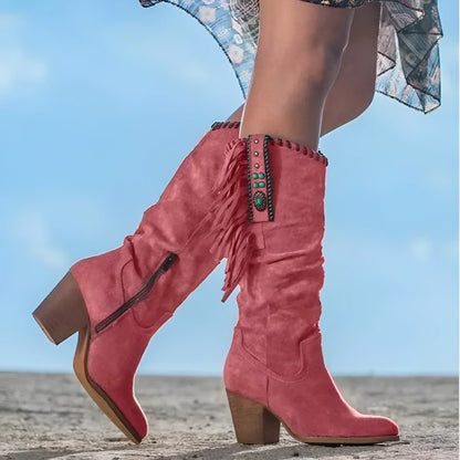 Fringe Knee-High Cowboy Boots – Slouch Block Heel Western Boots