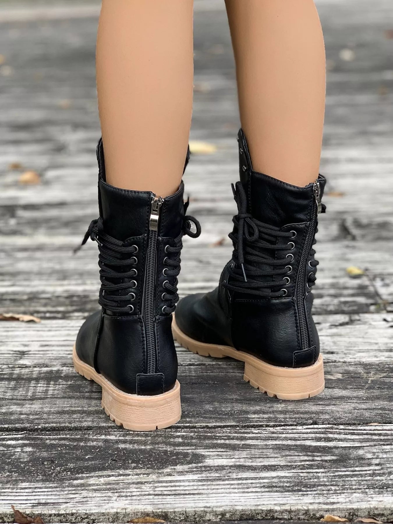Lace-Up Mid-Calf Combat Boots – Studded Lug Sole Block Heel