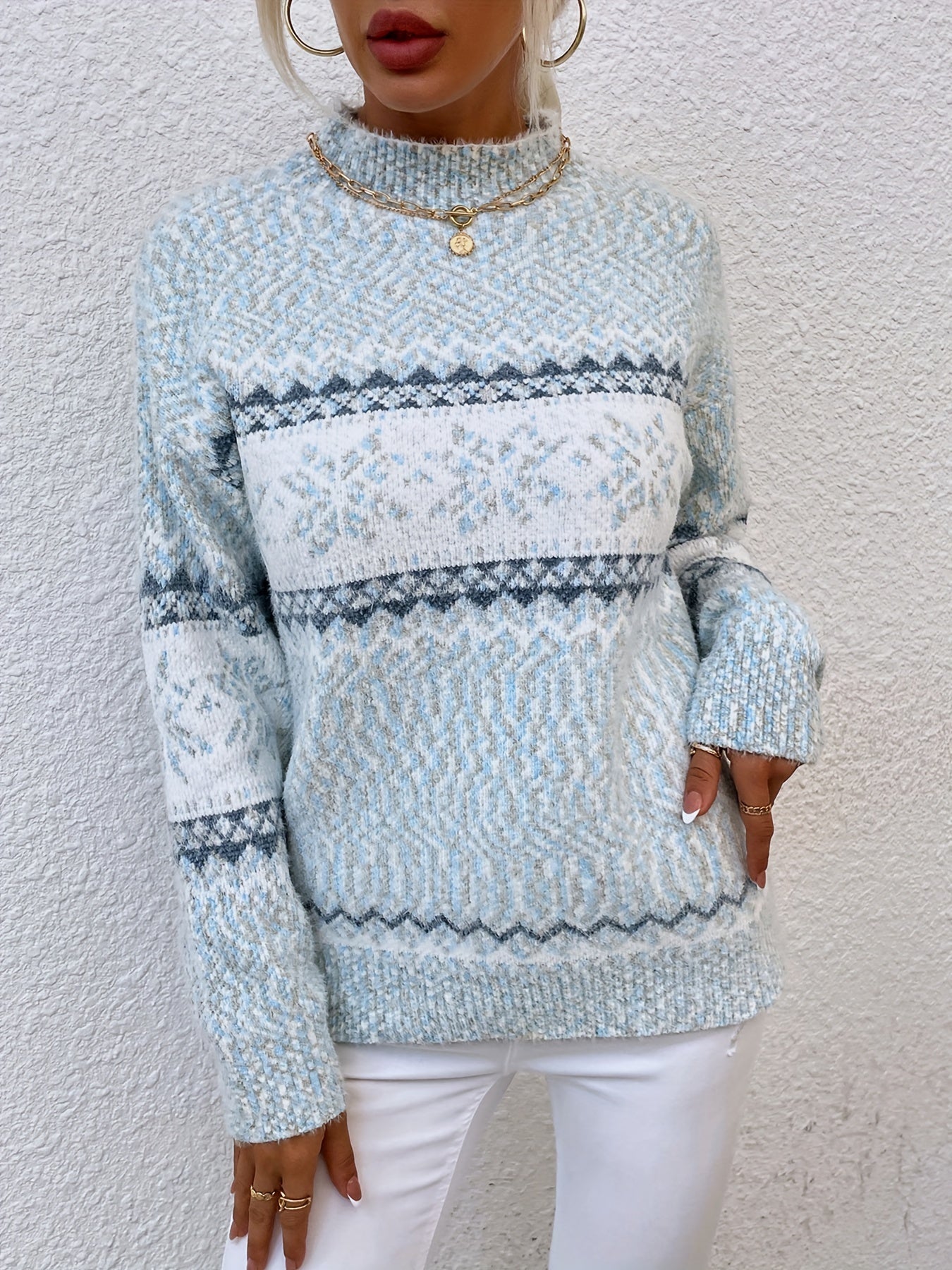 Fair Isle Snowflake Mock Neck Sweater – Relaxed Fit Winter Pullover