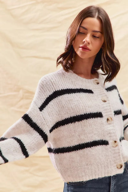 Striped Knit Cardigan – Button-Front Crew Neck Relaxed Fit