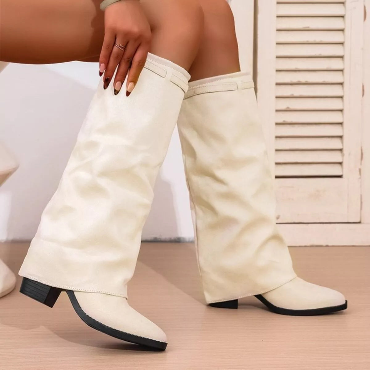 Slouchy Knee High Boots – Pointed Toe Block Heel Fold-Over
