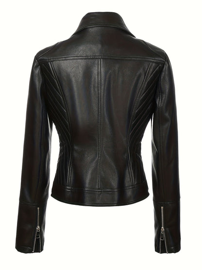 Faux Leather Moto Jacket – Asymmetric Zip Cropped Biker Jacket