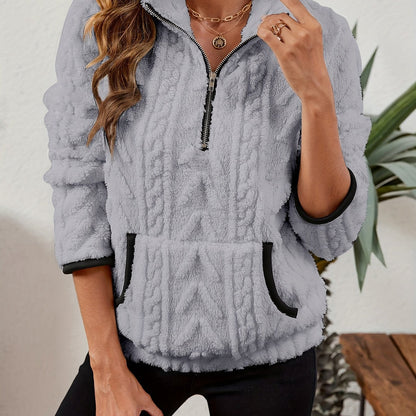 Sherpa Fleece Half-Zip Pullover – Textured Long Sleeve with Kangaroo Pocket