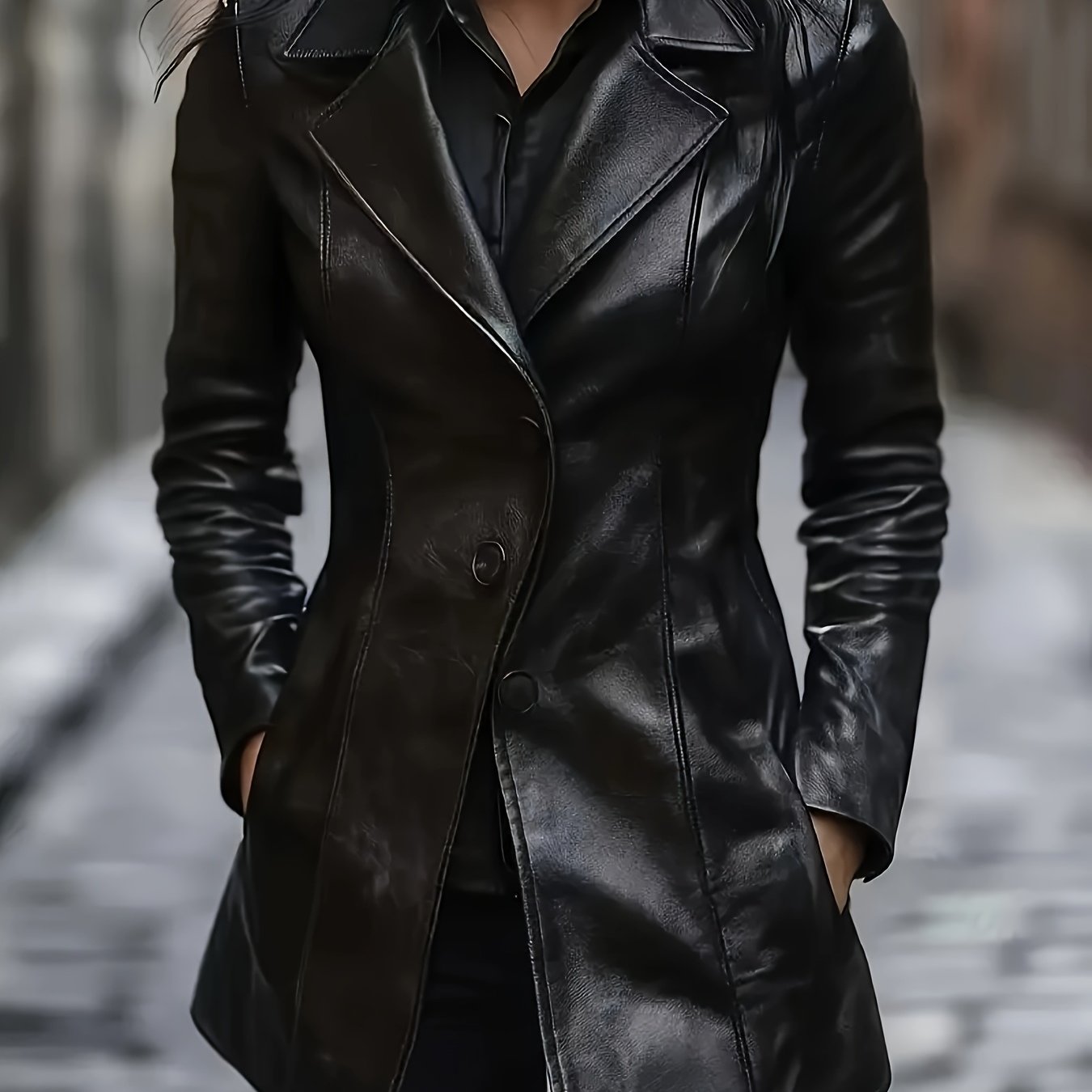 Black Faux Leather Trench Coat – Single-Breasted Mid-Length Slim Fit