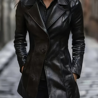 Black Faux Leather Trench Coat – Single-Breasted Mid-Length Slim Fit