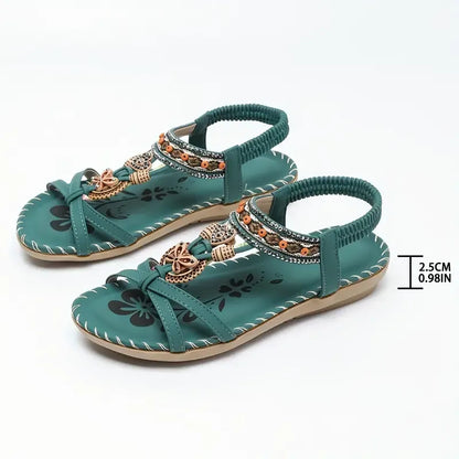 Boho Beaded Flat Sandals – Rhinestone Elastic Ankle Strap Summer Sandals