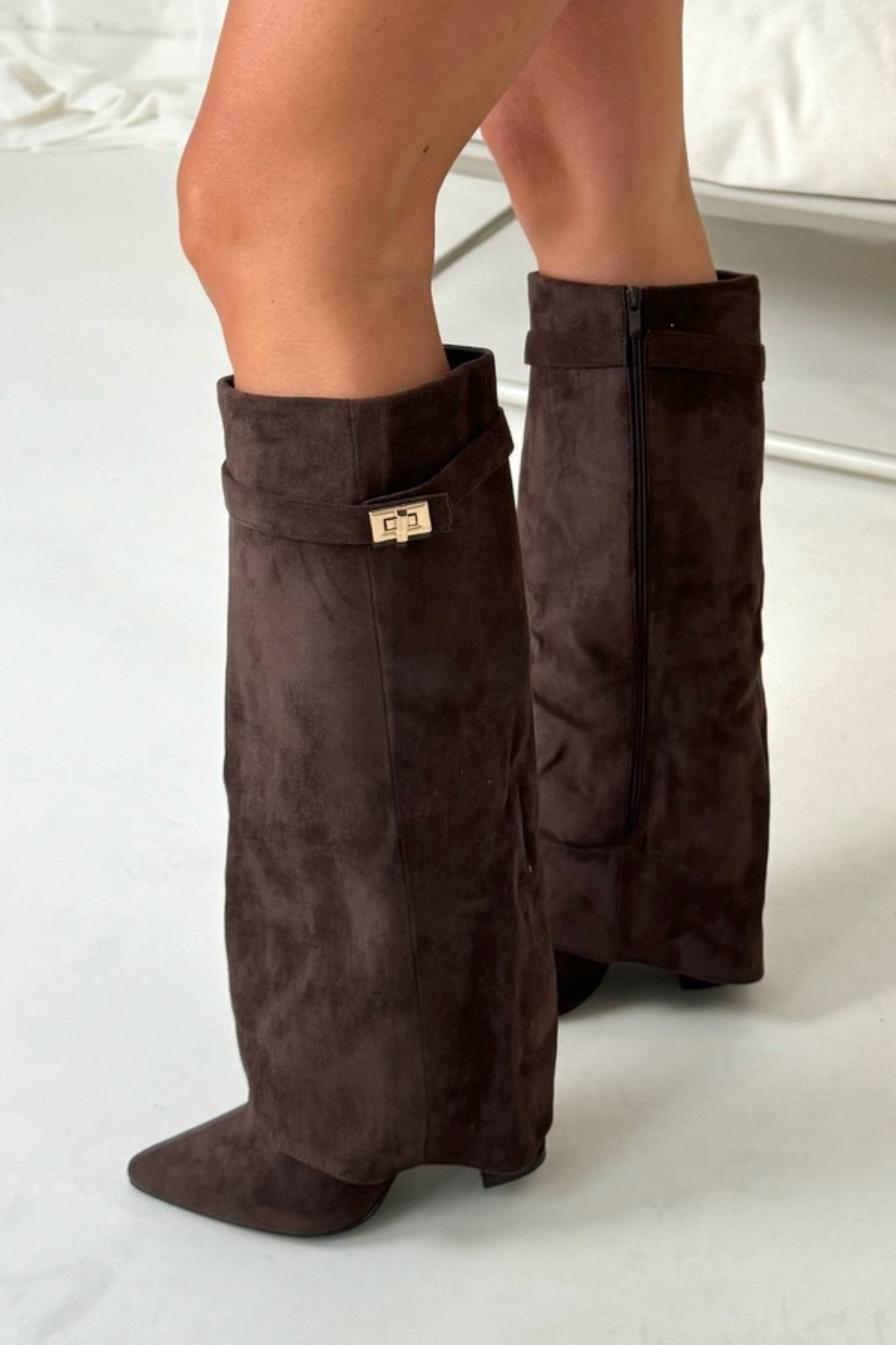 Fold-Over Knee-High Boots – Pointed Toe Gold Lock Detail