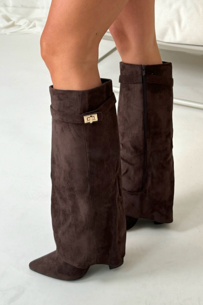 Fold-Over Knee-High Boots – Pointed Toe Gold Lock Detail