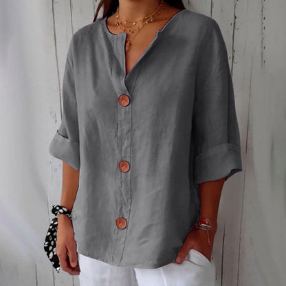 Linen Cotton Button-Front Blouse – V-Neck Relaxed Fit