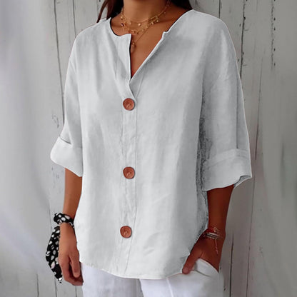 Linen Cotton Button-Front Blouse – V-Neck Relaxed Fit