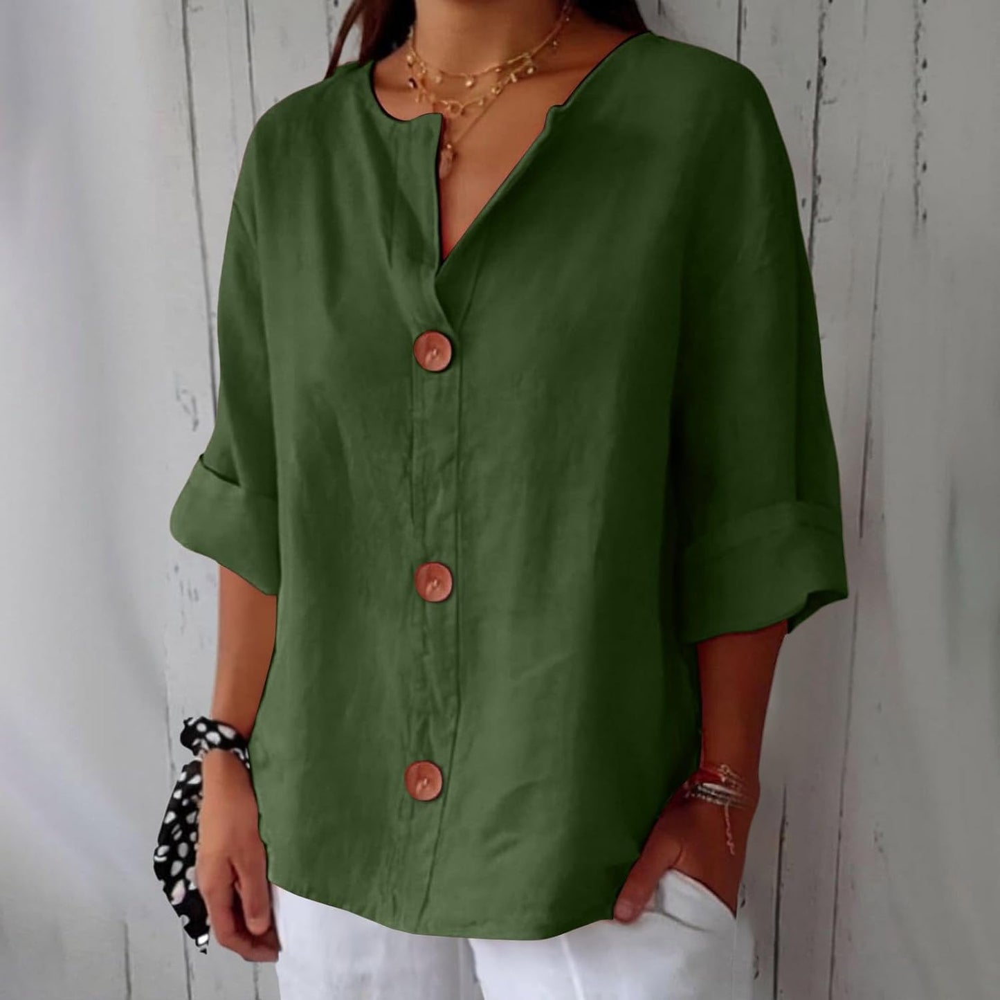 Linen Cotton Button-Front Blouse – V-Neck Relaxed Fit