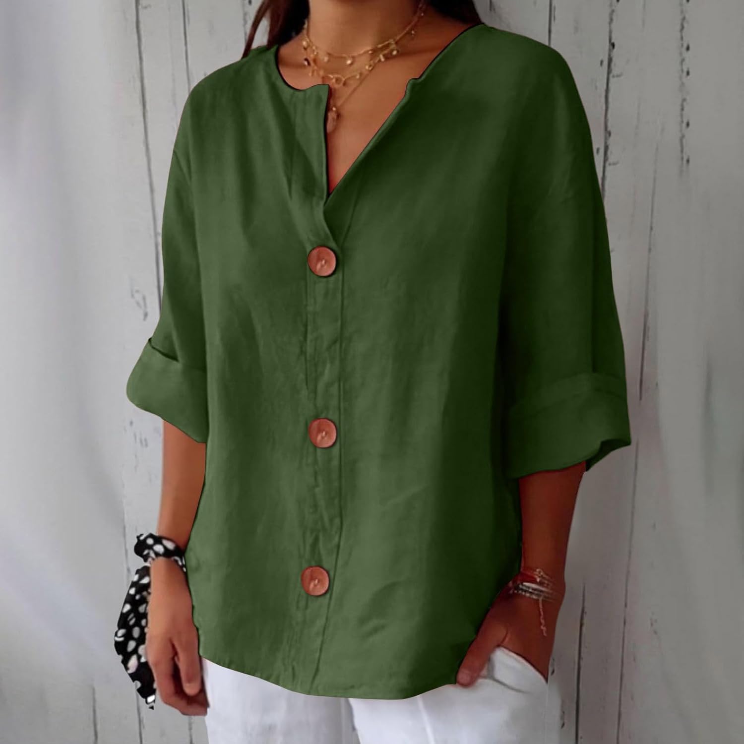 Linen Cotton Button-Front Blouse – V-Neck Relaxed Fit